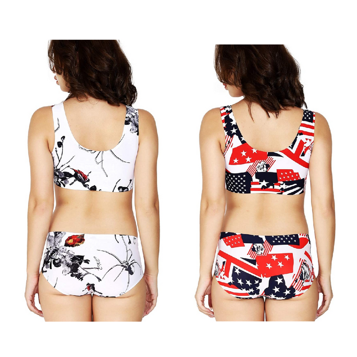 Lingerie Set of Bralette and Panty White Flower & Red Multi Star Print combo