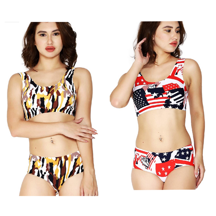 Lingerie Set of Bralette and Panty Leopard Print & Red Multi Star Print Combo