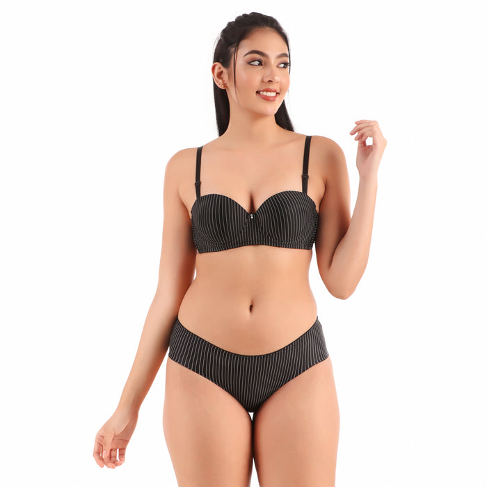 Voler Haut Vertical Stripes Lingerie Set - Seamless Underwired Back Closure Bra with matching Panty
