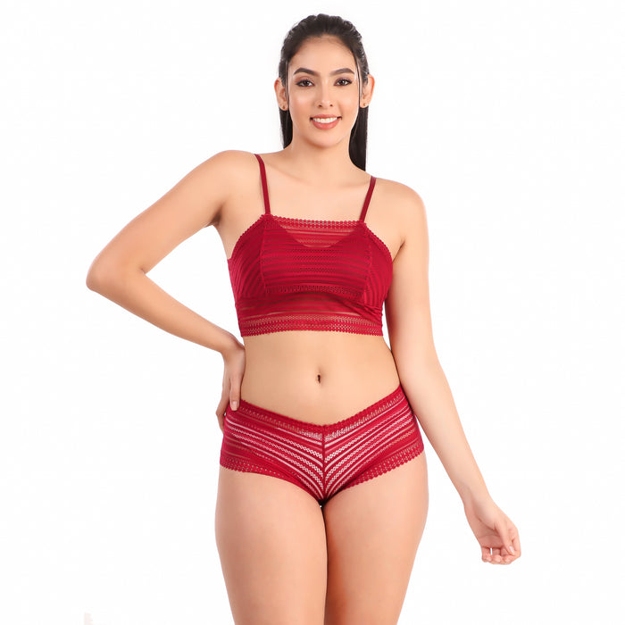 Voler Haut Net Design Maroon Red Lingerie Set