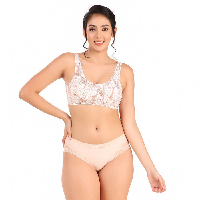 Voler Haut Copper Multi Print Lingerie Set - Broad Strap and Back Closure Hook with matching Panty