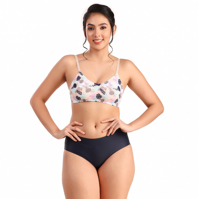 Voler Haut Beige Multi Flowers Lingerie Set - Thin Strap and Back Closure Hook Bra with matching Panty