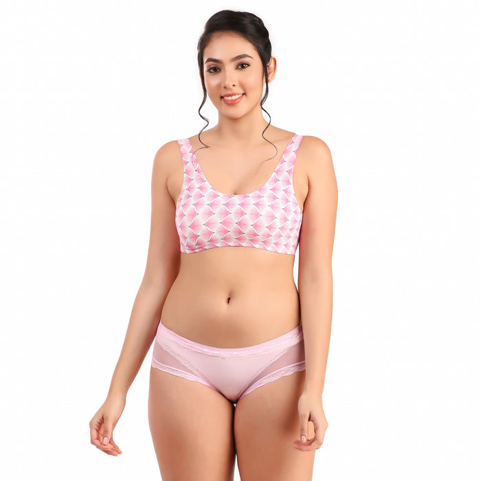 Voler Haut Pink Petal Lingerie Set - Broad Strap and Back Closure Hook Bra with matching Panty