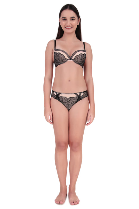 Voler Haut Women's Luxury Floral Lace Mesh Bra & Panty Set. Lingerie Set with Lightly Padded and Under Wired Bra Having Stylish Semi-Sheer Floral Lace Underwear for Women Jet Black