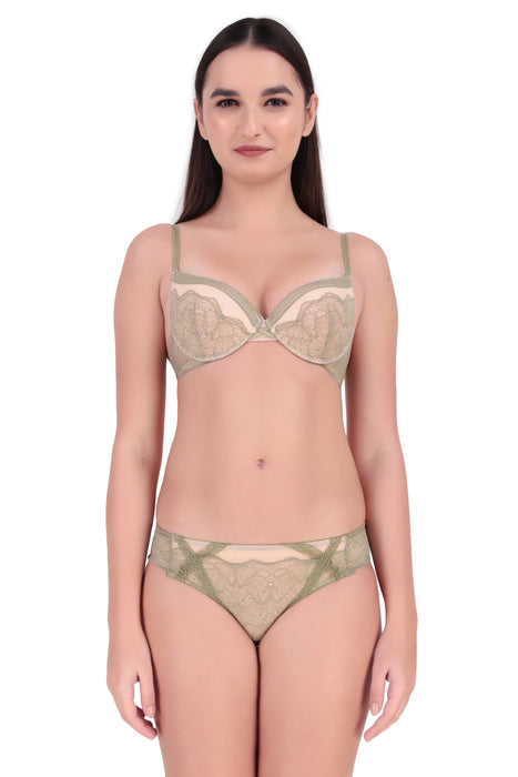 Voler Haut Women's Luxury Floral Lace Mesh Bra & Panty Set. Lingerie Set with Lightly Padded and Under Wired Bra Having Stylish Semi-Sheer Floral Lace Underwear for Women Mehndi Green