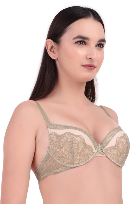 Voler Haut Women's Luxury Floral Lace Mesh Bra & Panty Set. Lingerie Set with Lightly Padded and Under Wired Bra Having Stylish Semi-Sheer Floral Lace Underwear for Women Mehndi Green