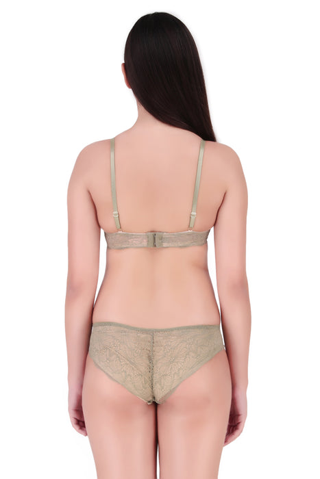 Voler Haut Women's Luxury Floral Lace Mesh Bra & Panty Set. Lingerie Set with Lightly Padded and Under Wired Bra Having Stylish Semi-Sheer Floral Lace Underwear for Women Mehndi Green
