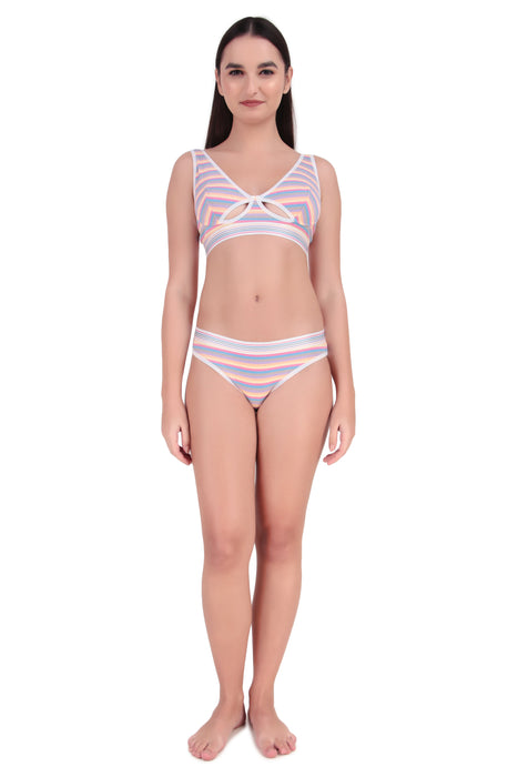 Voler Haut Women Designer Bra & Panty Set with Rainbow Multicolour Stripes Pattern Having Stetchable Non-Padded, Non-Wired Bra with Matching Panty