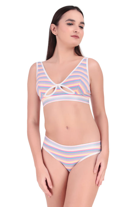 Voler Haut Women Designer Bra & Panty Set with Rainbow Multicolour Stripes Pattern Having Stetchable Non-Padded, Non-Wired Bra with Matching Panty
