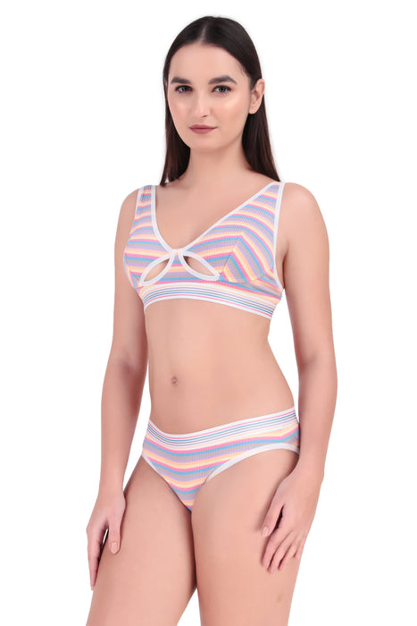 Voler Haut Women Designer Bra & Panty Set with Rainbow Multicolour Stripes Pattern Having Stetchable Non-Padded, Non-Wired Bra with Matching Panty