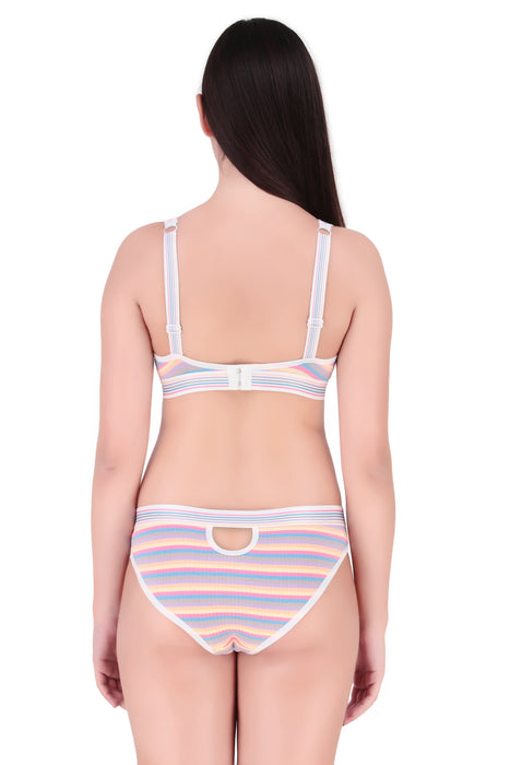 Voler Haut Women Designer Bra & Panty Set with Rainbow Multicolour Stripes Pattern Having Stetchable Non-Padded, Non-Wired Bra with Matching Panty