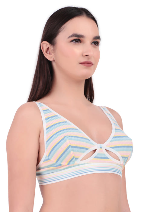 Voler Haut Women Designer Bra & Panty Set with Rainbow Multicolour Stripes Pattern Having Stetchable Non-Padded, Non-Wired Bra with Matching Panty Blue Mix Color