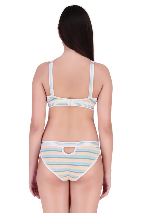 Voler Haut Women Designer Bra & Panty Set with Rainbow Multicolour Stripes Pattern Having Stetchable Non-Padded, Non-Wired Bra with Matching Panty Blue Mix Color