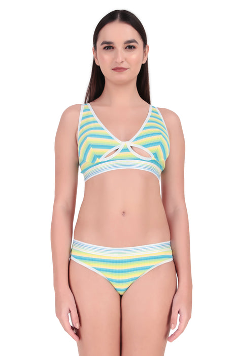 Voler Haut Women Designer Bra & Panty Set with Rainbow Multicolour Stripes Pattern Having Stetchable Non-Padded, Non-Wired Bra with Matching Panty Green Mix Color