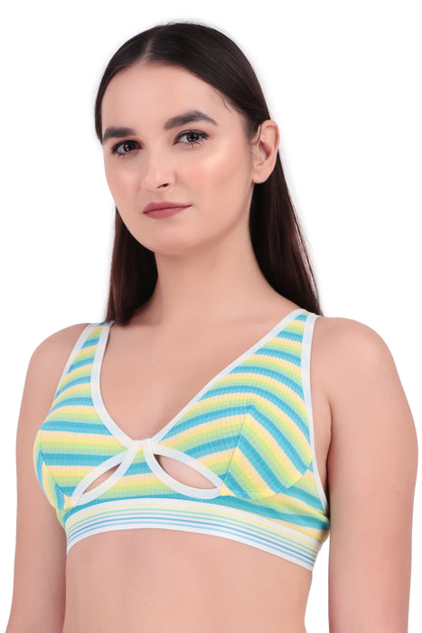 Voler Haut Women Designer Bra & Panty Set with Rainbow Multicolour Stripes Pattern Having Stetchable Non-Padded, Non-Wired Bra with Matching Panty Green Mix Color