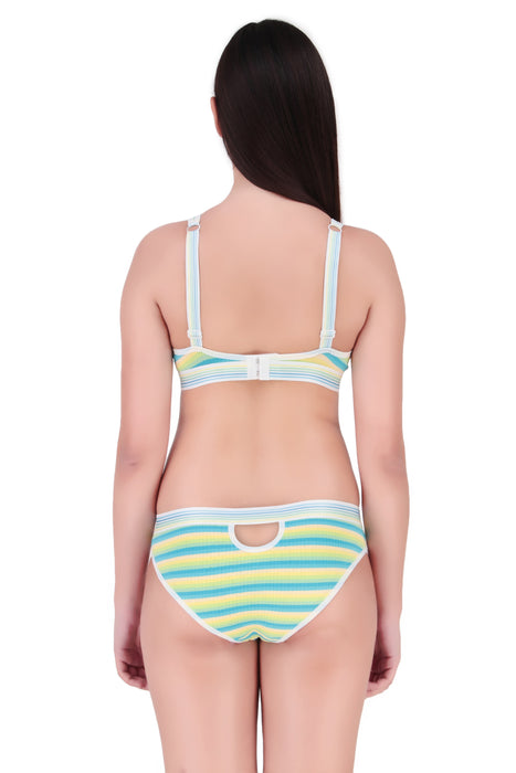 Voler Haut Women Designer Bra & Panty Set with Rainbow Multicolour Stripes Pattern Having Stetchable Non-Padded, Non-Wired Bra with Matching Panty Green Mix Color