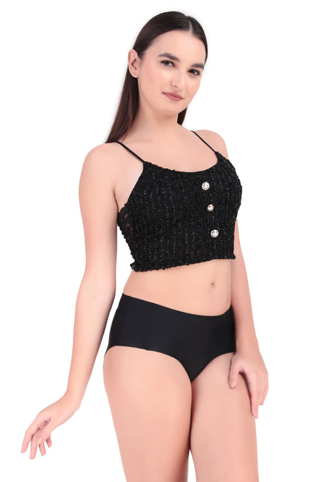 Voler Haut Women Vintage Floral Print Lingerie Set - Lace Trimmed Cropped Corsets-Style Cotton Blended Inspired Slim Top Bralette with Matching Sheer Lace Panties in Free Size