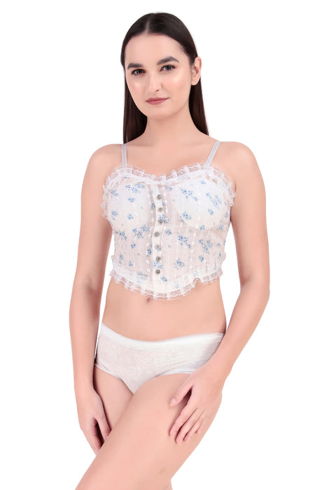Voler Haut Women Vintage Floral Print Lingerie Set - Lace Trimmed Cropped Corsets-Style Cotton Blended Inspired Slim Top Bralette with Matching Sheer Lace Panties in Free Size