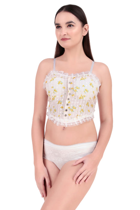 Voler Haut Women Vintage Floral Print Lingerie Set - Lace Trimmed Cropped Corsets-Style Cotton Blended Inspired Slim Top Bralette with Matching Sheer Lace Panties in Free Size