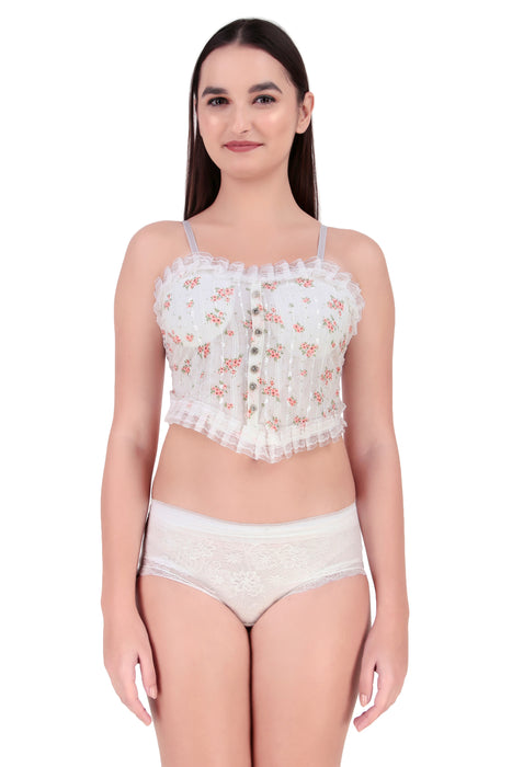 Voler Haut Women Vintage Floral Print Lingerie Set - Lace Trimmed Cropped Corsets-Style Cotton Blended Inspired Slim Top Bralette with Matching Sheer Lace Panties in Free Size Baby Pink