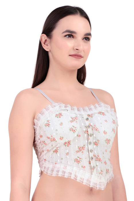 Voler Haut Women Vintage Floral Print Lingerie Set - Lace Trimmed Cropped Corsets-Style Cotton Blended Inspired Slim Top Bralette with Matching Sheer Lace Panties in Free Size Baby Pink