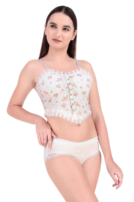 Voler Haut Women Vintage Floral Print Lingerie Set - Lace Trimmed Cropped Corsets-Style Cotton Blended Inspired Slim Top Bralette with Matching Sheer Lace Panties in Free Size Baby Pink