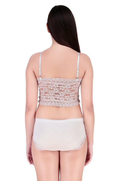 Voler Haut Women Vintage Floral Print Lingerie Set - Lace Trimmed Cropped Corsets-Style Cotton Blended Inspired Slim Top Bralette with Matching Sheer Lace Panties in Free Size Baby Pink