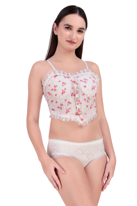 Voler Haut Women Vintage Floral Print Lingerie Set - Lace Trimmed Cropped Corsets-Style Cotton Blended Inspired Slim Top Bralette with Matching Sheer Lace Panties in Free Size