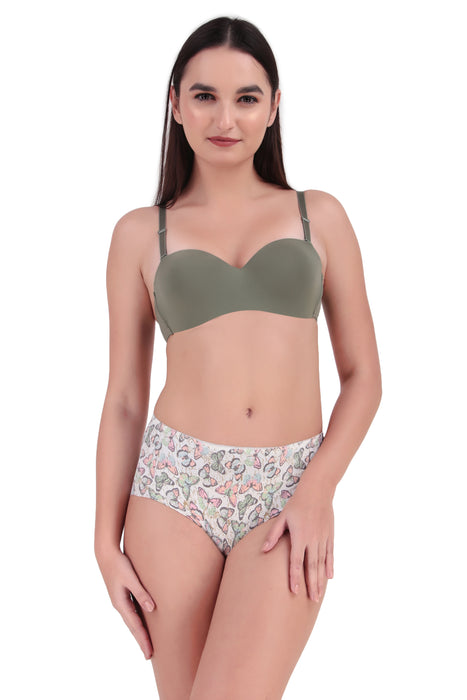 Voler Haut Women Bridal Honeymoon Cotton Blend Seamless Lingerie Set Under Wired Medium Coverage Bra with Hipster Style Colourful Panty Having Soft Stretchable Fabric Olive Green