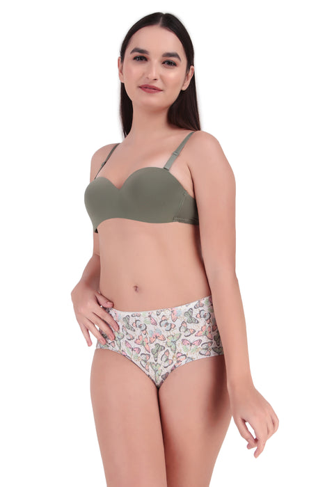 Voler Haut Women Bridal Honeymoon Cotton Blend Seamless Lingerie Set Under Wired Medium Coverage Bra with Hipster Style Colourful Panty Having Soft Stretchable Fabric Olive Green