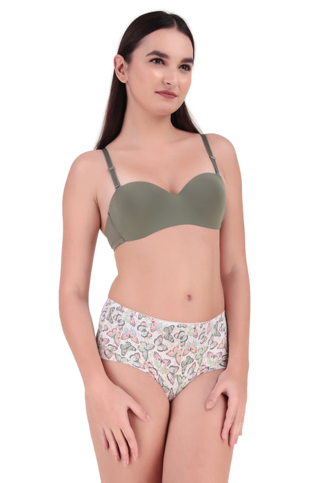 Voler Haut Women Bridal Honeymoon Cotton Blend Seamless Lingerie Set Under Wired Medium Coverage Bra with Hipster Style Colourful Panty Having Soft Stretchable Fabric Olive Green