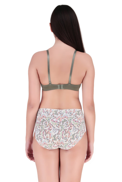 Voler Haut Women Bridal Honeymoon Cotton Blend Seamless Lingerie Set Under Wired Medium Coverage Bra with Hipster Style Colourful Panty Having Soft Stretchable Fabric Olive Green
