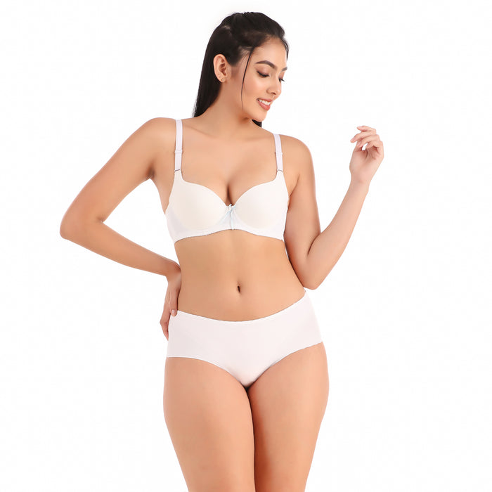 Voler Haut Stylish Solid Plain Underwired Self Design Lingerie Set - Back Closure with matching Panty - White